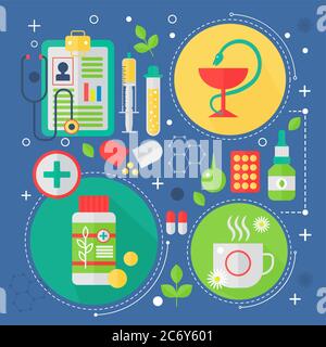 Modern Medicine and healthcare services flat concept. Medical pharmacy technology diagnostics infographics design, web elements, poster banners Stock Vector