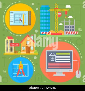 Vector Real estate design concept set with sale and rental market apartment search improvements flat icons infographics design, web elements, poster banners. Vector illustration Stock Vector