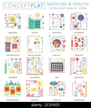 Infographics mini concept Medicine and health icons for web. Premium quality color conceptual flat design web graphics icons elements. Medicine health concepts Stock Vector