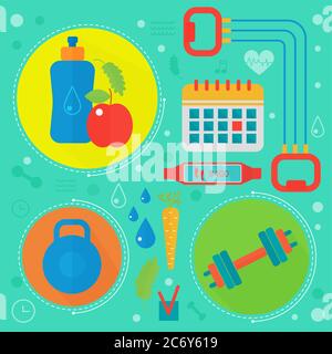 Healthy life flat concept vector illustration. Sport, fitness gym and healthy food icos design, web elements, poster banners Stock Vector