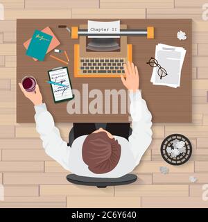 Writer's workplace. Top view of man writer working on typewriter in the home or office. Writer typewriter top concept Stock Vector