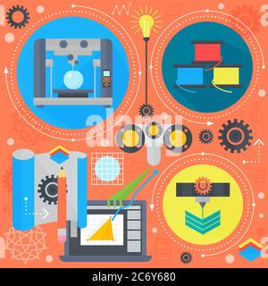 3d technology flat concept 3d printing and 3d scanning flat icons infographics design web elements, poster banners. Vector illustration Stock Vector