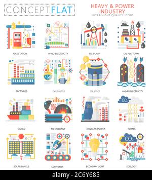 Infographics mini concept Heavy and power industry, computer protection icons for web. Premium quality color conceptual flat icons elements. Heavy power industry technology concepts Stock Vector