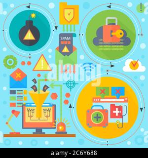 Online communication security, computer virus protection, cuber security infographics template icons in circles design, web elements, poster banners, Vector illustration Stock Vector