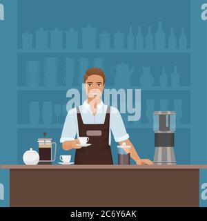 A smiling young man barista preparing coffee with coffee-machine vector in cafe restaurant Stock Vector