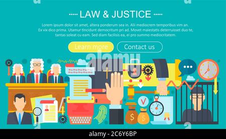 Law and justice design concept with prisoner, bible and court of law tribunal infographics template design, web header elements, poster banner. Crime Vector illustration Stock Vector