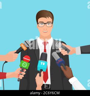 Happy businessman in suit interviewed several journalists with microphones. Business news Stock Vector