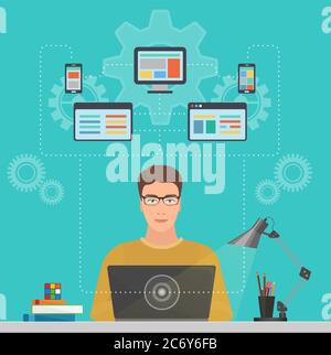 Man software engineer programmer with laptop concept with design, optimization, responsive and developer solutions Stock Vector