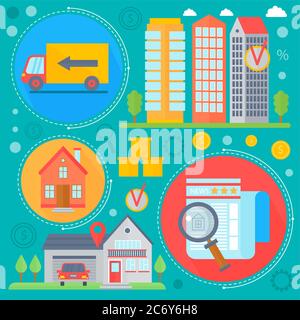 Vector Real estate design concept set with sale and rental market apartment search improvements flat icons infographics design, web elements, poster banners. Vector illustration Stock Vector