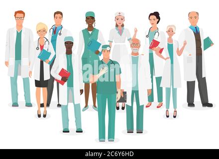 Hospital medical staff Team doctors together collection. Group of doctors and nurses people character set Stock Vector