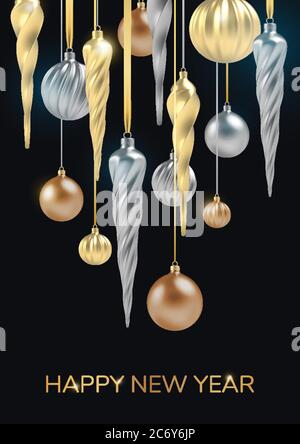 Happy New Year background with realistic Christmas ball of gold and silver, a spiral icicles on a black vertical background. Vector  Stock Vector
