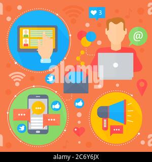 Social Network and Social Media flat concept design. Media icons in circles. Digital marketing infographics template banner design. Vector illustration Stock Vector