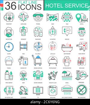 Vector Hotel service flat line outline icons for apps and web design. Hotel service icon Stock Vector
