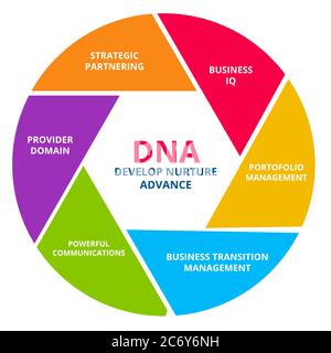 DNA develop nurture advance business IQ portfolio management business transition management powerful communications provider domain strategic Stock Vector