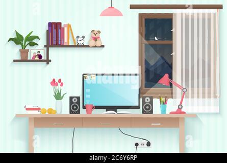 Modern teenager girl room with workplace. Woman female desktop workplace computer in the modern office or home Stock Vector