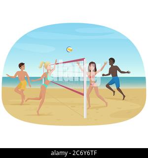 People having fun playing volleyball on the beach vector illustration Stock Vector