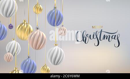 Xmas background with Christmas balls of nacre pink, gold and blue, a spiral balls on a color vertical background, with the inscription Christmas Stock Vector