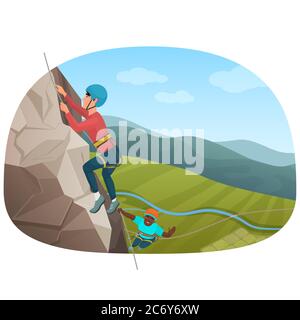Two multi ethnic climbers climbing on the rock vector illustration Stock Vector