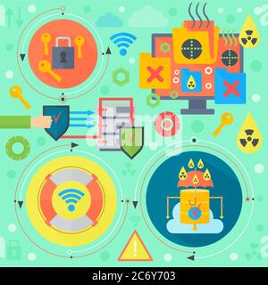 Online communication security, computer virus protection, cuber security infographics template icons in circles design, web elements, poster banners, Vector illustration Stock Vector