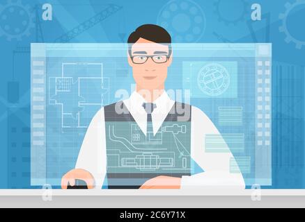 Engineer man working using virtual media interface. Engineer working with building plan virtual screen drawing Stock Vector