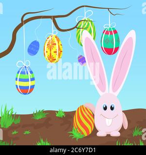 Adorable pink rabbit standing at the tree with Easter eggs vector illustration. Cute pink bunny Stock Vector