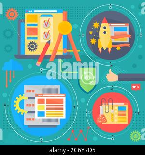 SEO and development concept design infographics template icons in circles design, seo optimization web elements, poster banner vector illustration Stock Vector