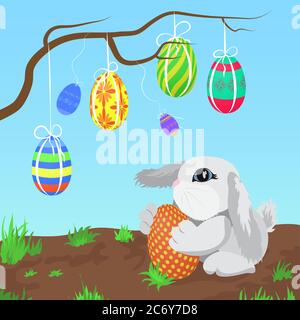 Little gray rabbit with the Easter eggs hanging on a branch vector illustration Stock Vector