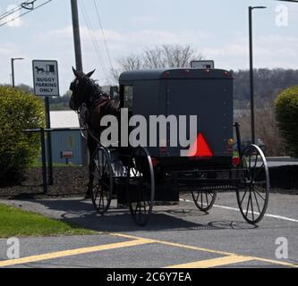 An Amish buggy parked in the 'Buggy Parking Only' spot, at a local grocery store in Manheim, Pennsylvania Stock Photo