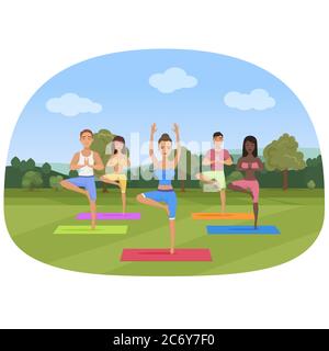 A group of people standing in the yoga position in the park vector illustration Stock Vector