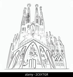 Barcelona Sagrada Familia illustration. Outline hand drawn sketch Stock Vector