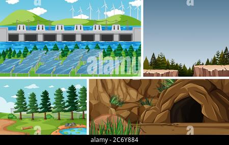 Four different scenes in nature setting cartoon style illustration Stock Vector