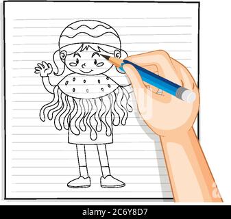 Hand drawing of girl in jellyfish costume outline illustration Stock Vector