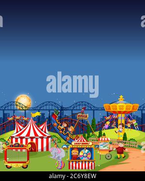 Amusement park scene at night with blank dark blue sky illustration ...