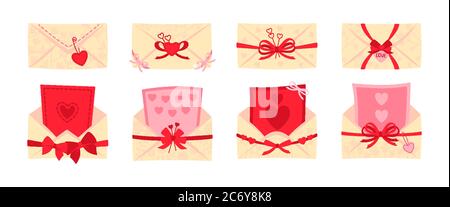 Festive envelope, postcard flat set. Valentine day or wedding envelopes for letters, decorated bows. Opened, closed mail cover. Cartoon newsletter, delivery of invitation. Isolated vector illustration Stock Vector