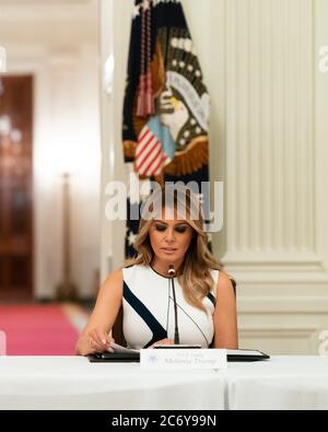 Washington, United States Of America. 07th July, 2020. First Lady Melania Trump delivers remarks during the National Dialog on Safely Reopening America's Schools event Tuesday, July 7, 2020, in the East Room of the White House. People: Melania Trump Credit: Storms Media Group/Alamy Live News