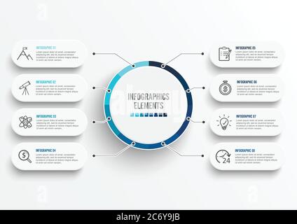 Vector infographic template with 3D paper label, integrated circles. Business concept with 8 options. For content, diagram, flowchart, steps, parts. Stock Vector
