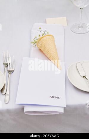 Restaurant Wedding Chilling Out Classy Lifestyle Concept. Restaurant with the menu in hands. Menu mockup. Stock Photo