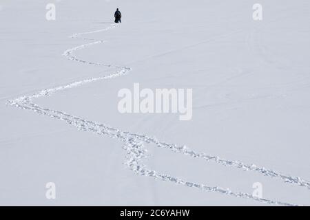 A male fisherman , far away , wading on deep snow on lake ice at Winter , Finland Stock Photo