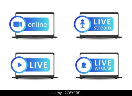 Set of live streaming icons. Gradient symbols and buttons of live streaming, broadcasting, online webinar. Label for tv, shows, movies and live Stock Vector