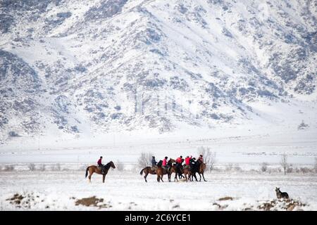 Scenes from a village Kok Boru match in the Chuy Oblast of Kyrgyzstan near capital city Bishkek. Stock Photo