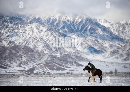 A referee resets the game during a village Kok Boru match in the Chuy Oblast of Kyrgyzstan near capital city Bishkek. Stock Photo