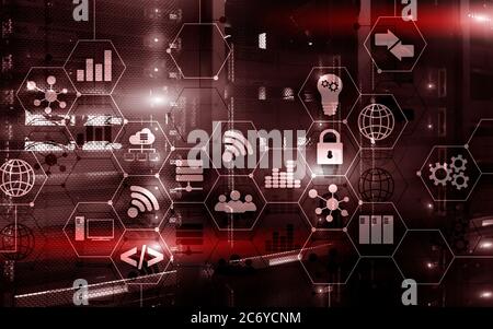 Red Server Rack. Abstract Internet digital technology concept Stock Photo