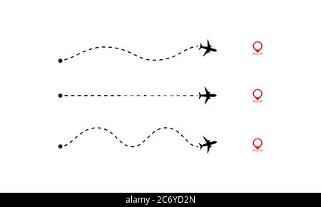 Set of airplane path to location pin. Flight tourism route path. Vector on isolated white background. EPS 10 Stock Vector
