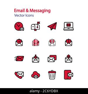 Set of line flat icon email and messaging. Social media, chat, messenger app, smartphone, newsletter, spam, mail box, address book. Vector on isolated Stock Vector