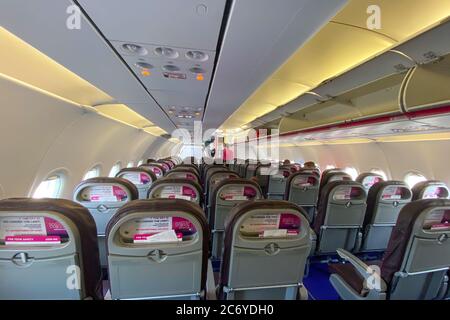 Kruja, Albania. 03rd July, 2020.    Minimum fee 10,- Euro   Look into an almost empty machine (Airbus A320) of the airline 'Wizz Air' at the airport 'Tirana International Airport Nënë Tereza' (TIA) near Tirana, the capital of the Republic of Albania. Credit: Peter Endig/dpa-Zentralbild/ZB/dpa/Alamy Live News Stock Photo