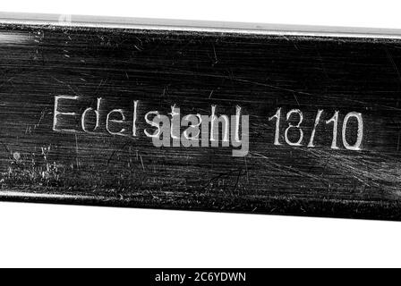 The germa word Edelstahl with number, in englisch stainless stell 18/10 Stock Photo