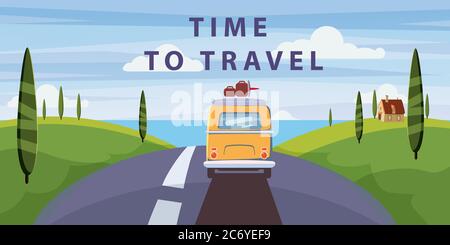 Time to travel. Van camper, bus on the road goes to the sea for a summer vacation. Holiday season vacation at sea. Travel leisure background. Template Stock Vector