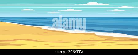 Summer seascape, beach, summer vacation. Holiday season vacation at sea. Travel leisure background. Template banner ad vector illustration Stock Vector