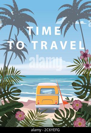 Time to travel Summer holidays vacation seascape landscape ocean sea beach, coast, palm leaves. Bus surfboard, retro, tropical leaves, palm trees Stock Vector