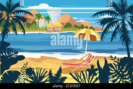 Summer holidays vacation umbrella beach chair seascape landscape ocean sea beach, coast, palm leaves. Tropical leaves, palm trees, template, vector Stock Vector
